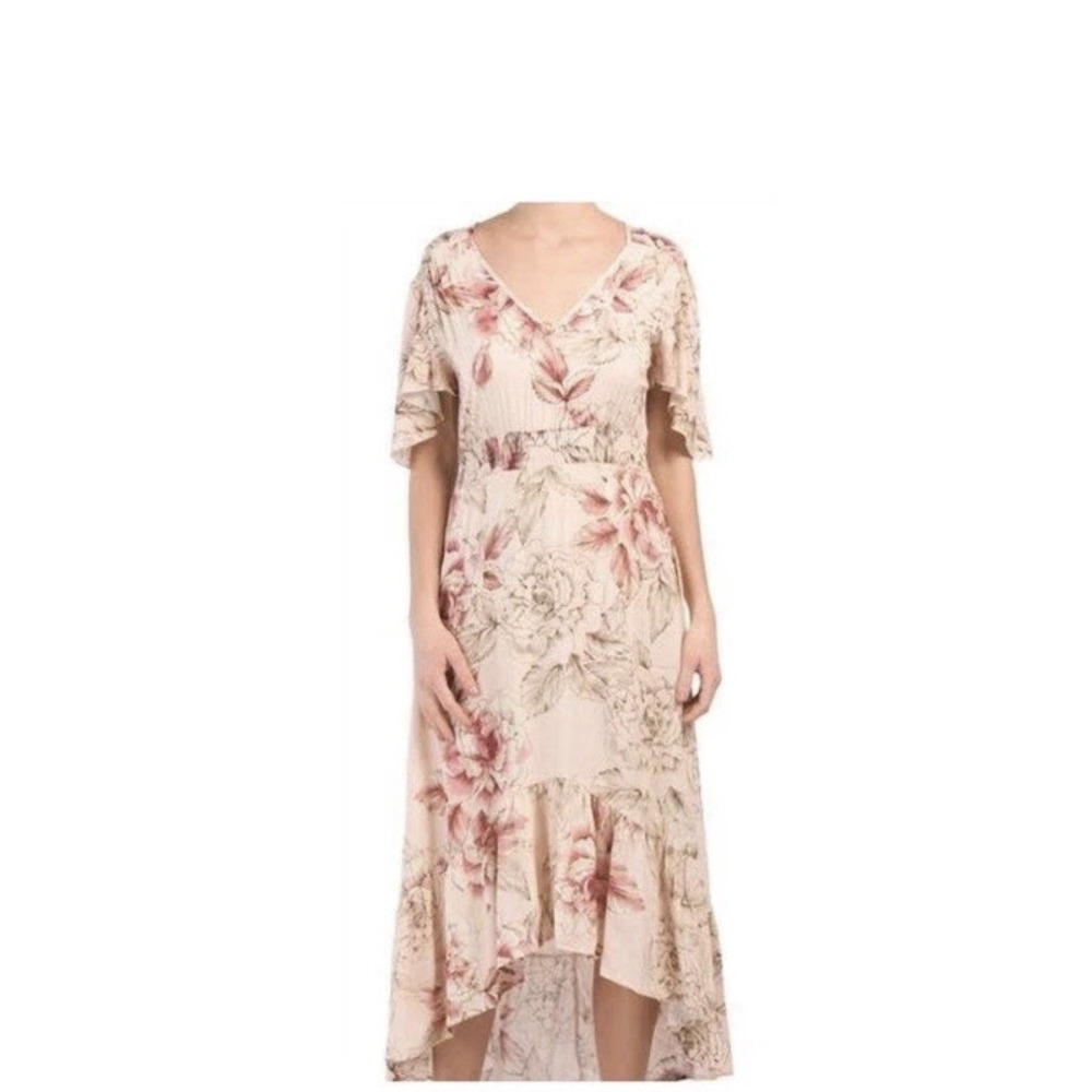 Able The Label Anthro floral flutter sleeve v-neck hi low maxi dress XS 378